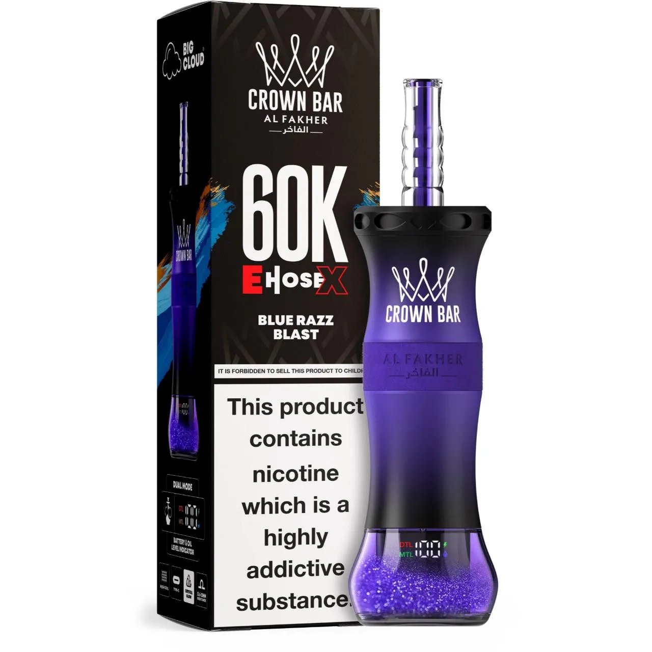 Al Fakher Crown Bar E Hose X 60k Puffs -5 packs (shipped from Overseas) - Blue Razz Blast