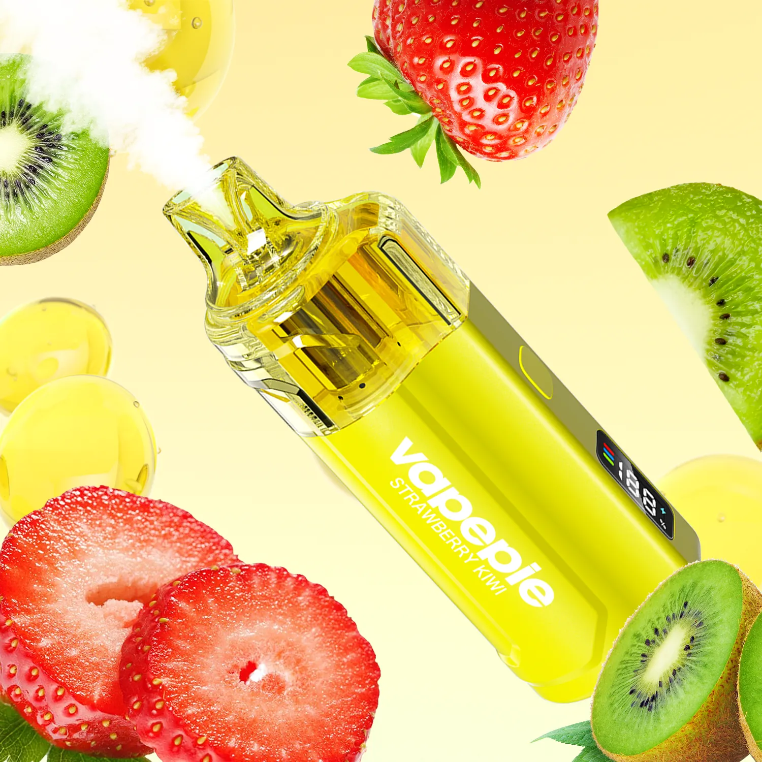 close-up of pomegranate kiwi iget moon flavour profile with detailed vapour production